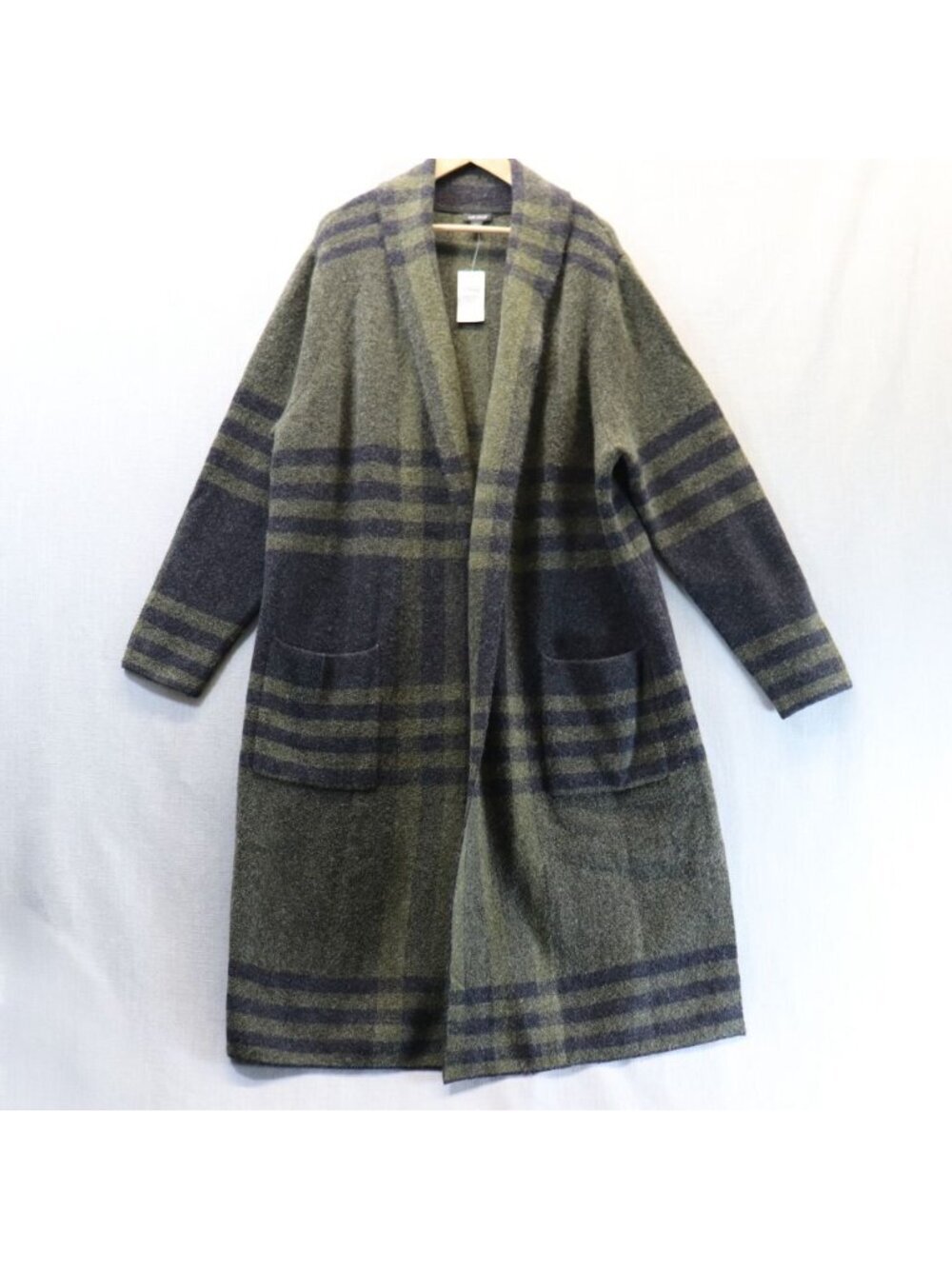 J Jill Wool Blend Open Front Cardigan Coat Maxi Plaid Green Black XLT NWT
